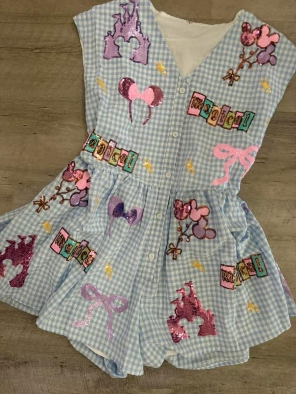 Girls Light Blue Gingham Sequin Castle & Bow Costume Dress